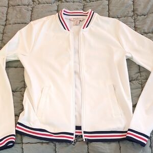Tommy Bahama White Bomber Jacket with Striped Trim